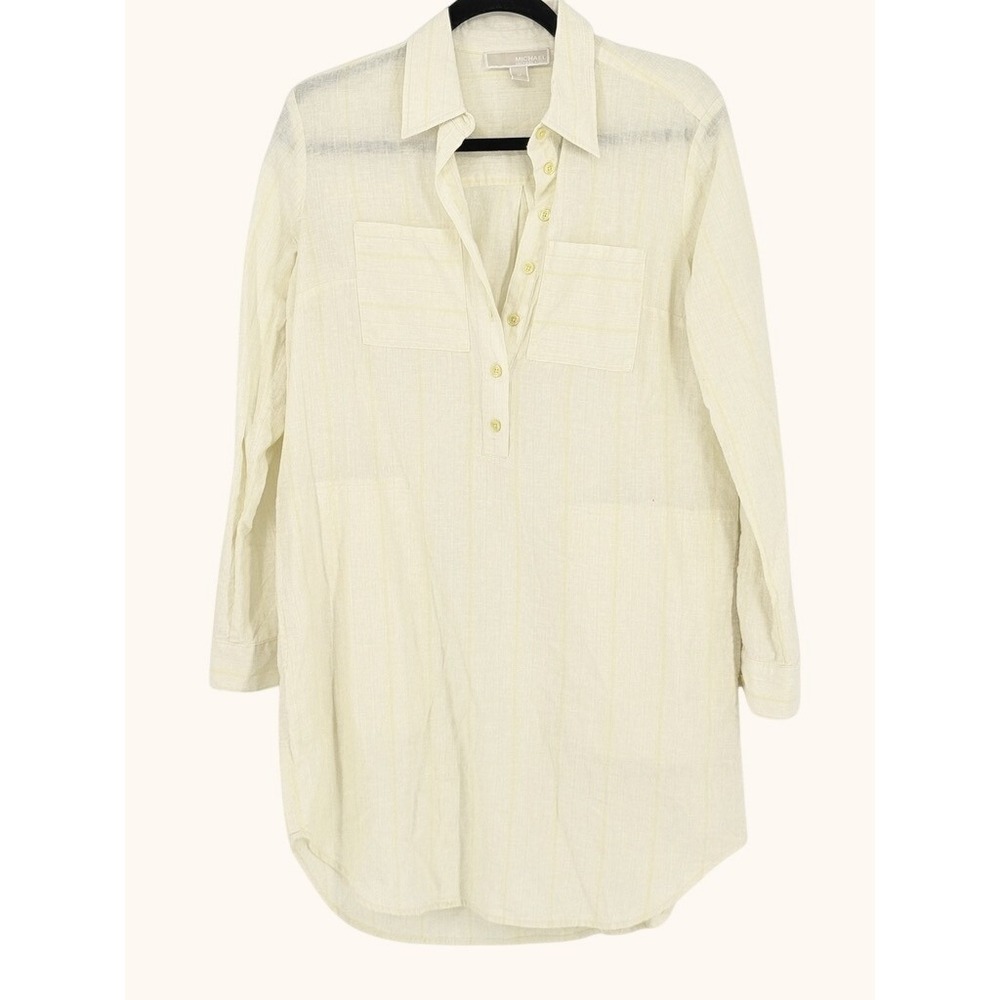Michael Kors Butter Yellow Striped Linen Blend Roll Tab Shirt Dress M Summer Vac